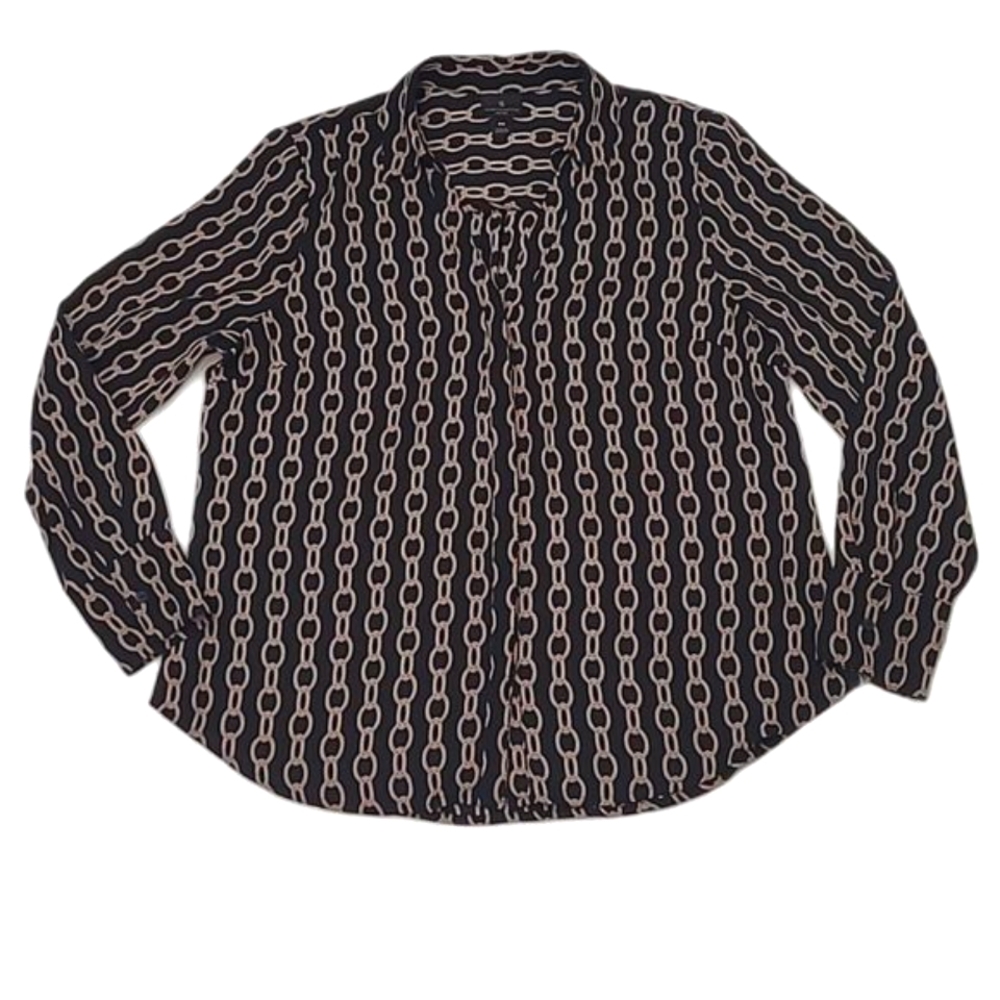 Worthington Button Down Blouse Collared Shirt Chain Link Pattern Long Sleeve Top